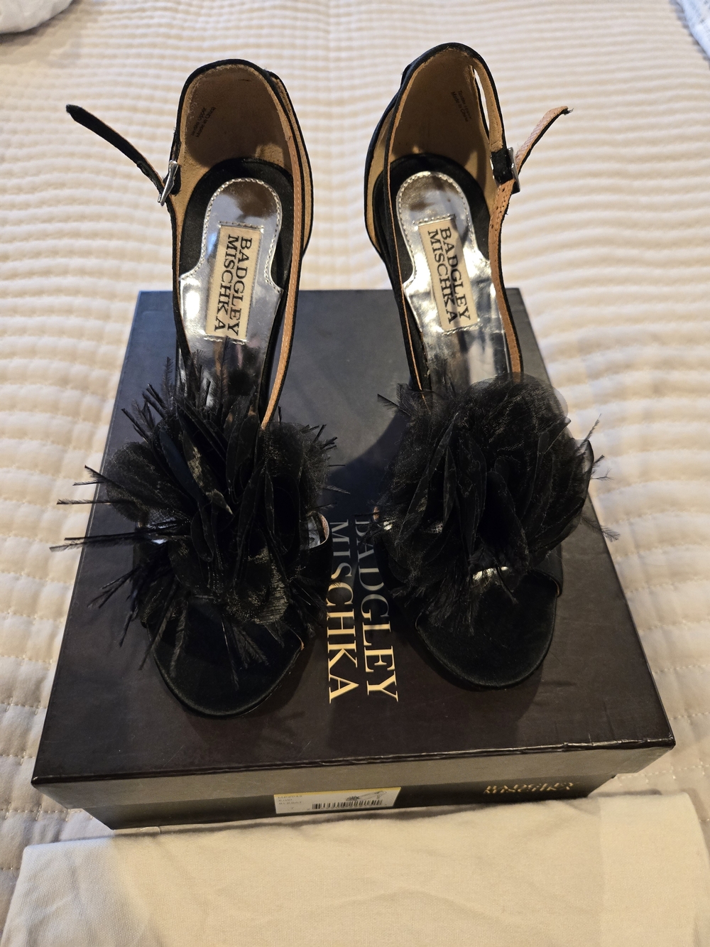 Badgley Mischka Black Feathered Open-Toe Heels